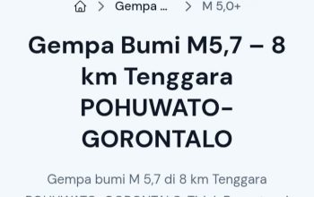 Gempa Magnitudo 5,7 Guncang Wilayah Tenggara Pohuwato